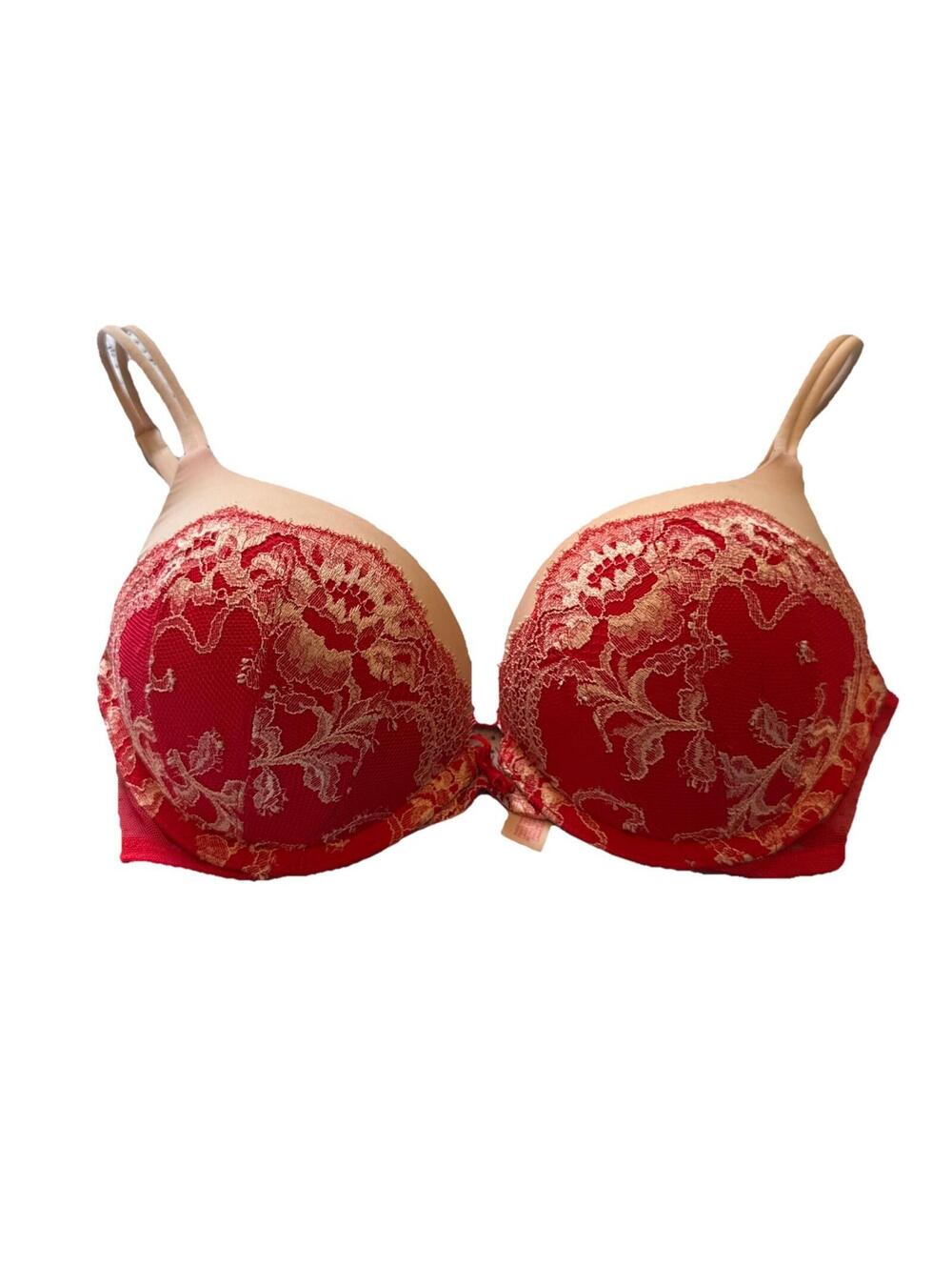 Victoria’s Secret Red And Pink Lace Romantic Bombshell Push Up Bra EUC 32B